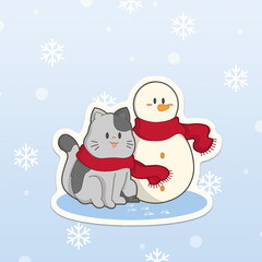"Cute little cat and the snowman" with cute kawaii coloured winter background for children book illustration, children agenda and notebook - Stickers edition