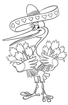 recommend clip art: Vector outline image of a cartoon character, isolated on white. Cartoon stork in a Mexican sombrero with bouquets of flowers.