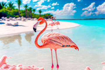 beautiful flamingo standing in the water on the edge of paradisiaca beach