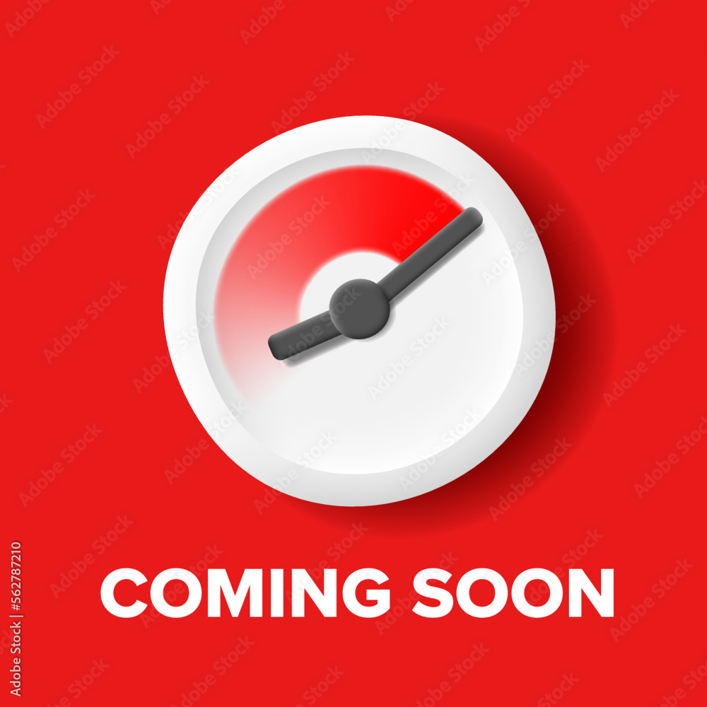 Poster 3d timer icon with coming soon text, white watch with red time running