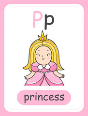 Alphabet card for children with the letter P and princess. Educational card for kids. The word princess, the English alphabet. Vector illustration.