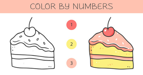 Color by numbers coloring book for kids with a piece of cake. Coloring page with cute cartoon cake with an example for coloring. Monochrome and color versions. Vector illustration.