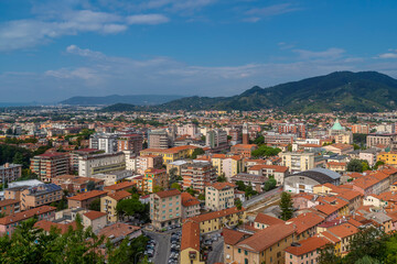Fototapeta na wymiar Aerial view of the center of Massa, Italy, on a sunny day