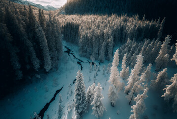 Drone view of winter landscape with pine forest covered with snow and mountain lake. Snowy fir tree in beauty nature scenery from above. generative ai.