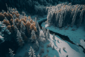 Drone view of winter landscape with pine forest covered with snow and mountain lake. Snowy fir tree in beauty nature scenery from above. generative ai.