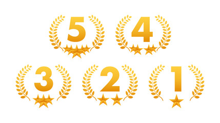 5 star rating. Badge with icons on white background. Vector illustration.