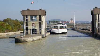 Passenger ship inside water chamber lock on river Danube in Melk, Austria