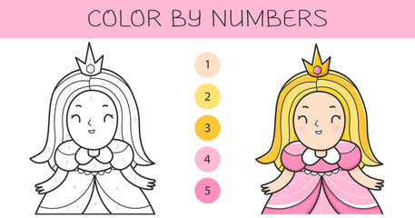Color by numbers coloring book for kids with a princess. Coloring page with cute cartoon princess with an example for coloring. Monochrome and color versions. Vector illustration.