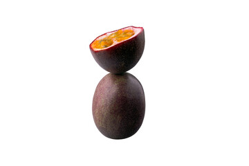 half sliced passion fruit balancing on one whole passion fruit isolated on transparent background