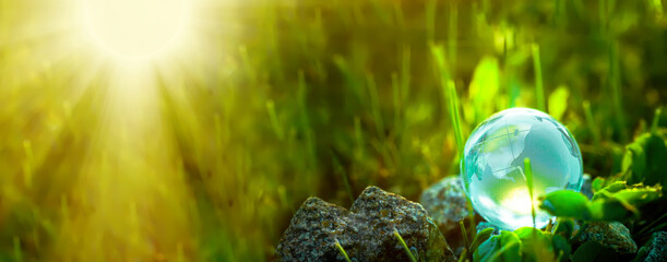 crystal globe, among the green fresh grass in the rays of the setting sun. concept of the...