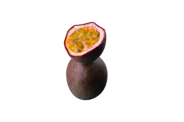 half sliced passion fruit balancing on one whole passion fruit isolated on transparent background