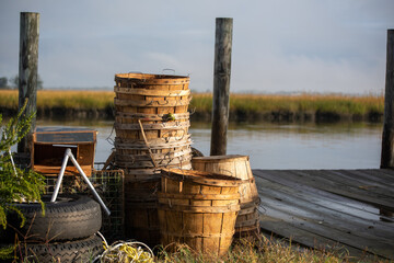 Bushel baskets waiting to be loaded on the watermen's boat.