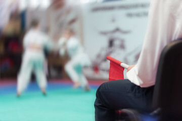 Referee Holding Flags at Karate Competition — Conceptual Martial Arts Scene with Shallow Depth and Motion Blur