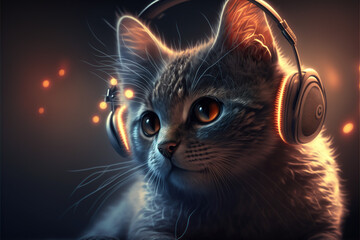 A cat with headphones, listening music, AI