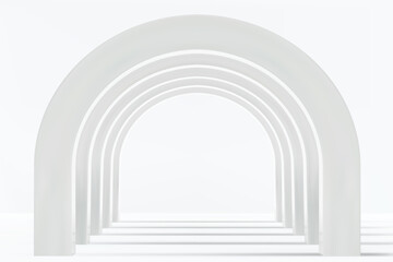 Empty corridor of several white round arches in perspective with white floor and shadows. Minimal background. Abstract architecture. Vector illustration of archway. Inside interior