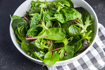 Healthy green salad leaves mix micro green, juicy snack food on the table copy space food background rustic top view