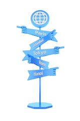 Travelers Global Signpost. Road signpost with directional pointers in form of human hands are randomly arranged to different directions. 3D-rendering graphics isolated on transparent background.