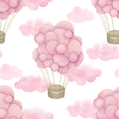 Watercolor cute seamless pattern with pink hot air balloons and clouds. Hand drawn illustration on white background © natikka
