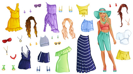 Caribbean Cruise Paper Doll with Beautiful Lady, Outfits, Hairstyles and Accessories. Vector Illustration
