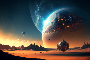 Fototapeta na wymiar UFO In Space With Sun And Moon Sci-Fi Fantasy Planet