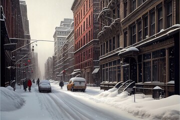 A new york street in the winter, covered in snow