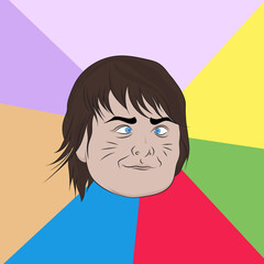 Funny meme young man with messy hair putting his eyes together.