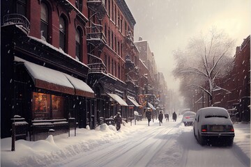Obraz premium A new york street in the winter, covered in snow