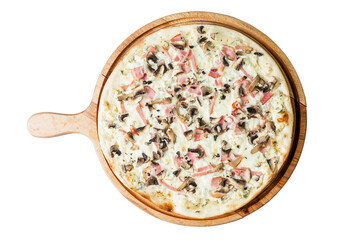 Appetizing pizza with ham and mushrooms served on a wooden board. Traditional Italian food. Top view. Isolated on white background.