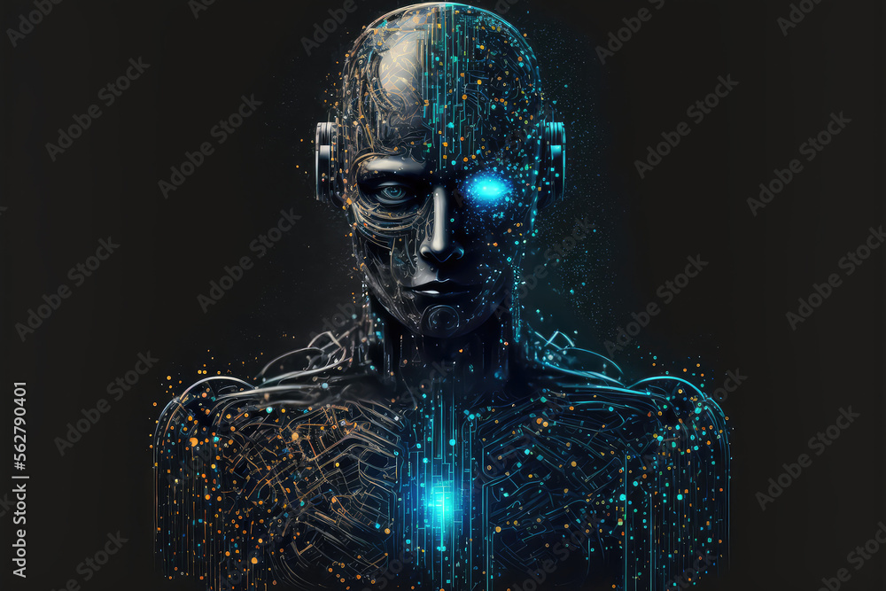 Poster artificial intelligence in humanoid head with neural network thinks. ai with digital brain is learni