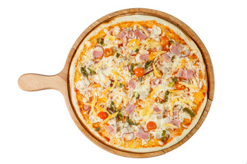 Appetizing pizza with ham and vegetables served on a wooden board. Traditional Italian food and snack. Top view. Isolated on white background.