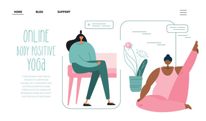 The web landing page with workout, fitness or sport. Body positive curvy womans do YOGA.  Fat girl is NORMAL.  The vector illustratin with PLUS size womans and phrase BODY POSITIVE YOGA. 