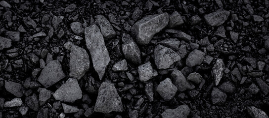 Natural black coals for background. Industrial coals. 
Heap of black coal, closeup view. Mineral...