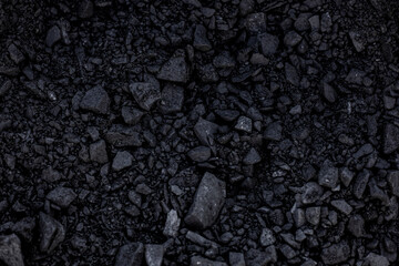 Natural black coals for background. Industrial coals. 
Heap of black coal, closeup view. Mineral deposits. Coal Mine, Black Color, Coal lumps. - obrazy, fototapety, plakaty