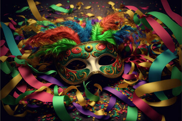 Braziliam carnival mask and festive elements, Generative ai