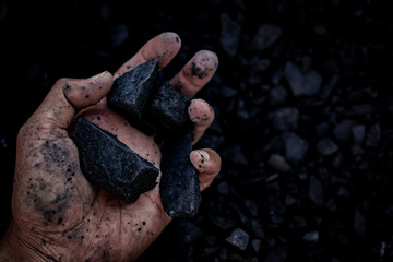 Hand holding coal. coal in a hand operations. Male hand with coal on the background of a heap of...