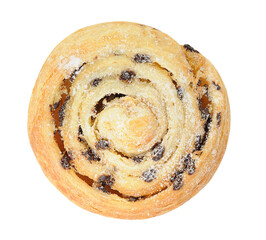 Fototapeta premium Sweet cinnamon roll with raisins top view cut out