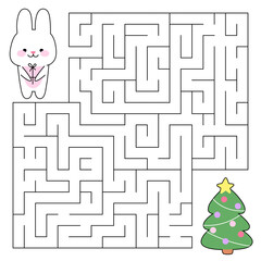 Maze game for kids. Happy new year. Cute rabbit with gift looking for a way to the christmas tree. Bunny is a symbol of the year 2023. Printable worksheet.