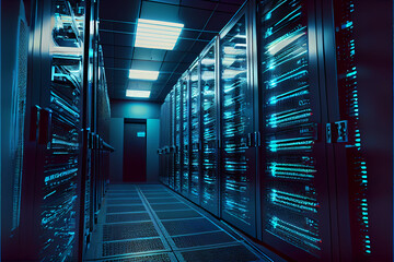 Data center in server room with blue lights.