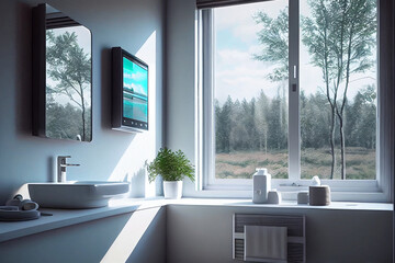 Smart home bathroom interior with window view in the day time Futuristic smart home bathroom, sunny day time. Interior design inspiration.