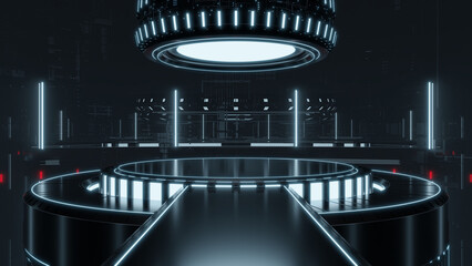 Dark futuristic circular stage, pedestal or portal with white blue lights, for the presentation of products.	 - 562792469