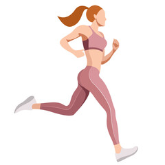 vector illustration of a beautiful slender girl in a sports uniform (leggings and a sports bra) is engaged in fitness, sports, trains isolated on a white background. woman runs. morning run. jogging.