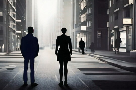 A pair of full-sized male and female humanoids talking to each other while walking on a modern city street. A cinematic, atmospheric digital art Ai-illustration.