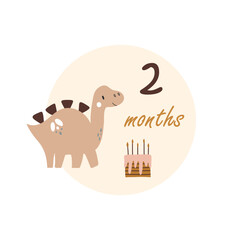 2 two months Baby month anniversary card metrics. Baby shower print with cute animal dino, flowers and palm capturing all special moments. Baby milestone card for newborn girl.