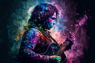 Fototapeta na wymiar Abstract image of a Musician playing guitar with rainbow energy in a mist all around, Generative AI, is not based on any original image, character or person 