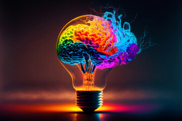 Lightbulb Brain eureka moment with Impactful and inspiring artistic colourful explosion of energy. Generative AI, this image is not based on any original image, character or person.	
 - obrazy, fototapety, plakaty