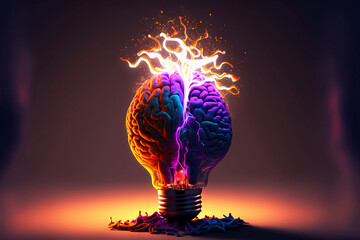 Lightbulb Brain eureka moment with Impactful and inspiring artistic colourful explosion of energy. Generative AI, this image is not based on any original image, character or person.	
