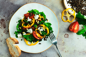 Fresh healthy vegetable salad with black lentil, cheese, yellow bulgarian pepper, arugula and pine nuts on white plate and toasted bread on rustic gray background. Top view. Close-up. Flat lay.
