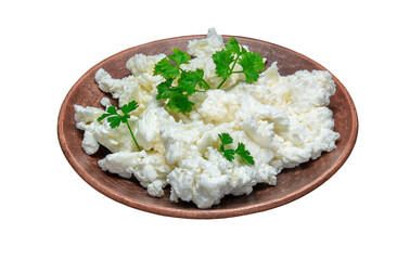 bowl with homemade cottage cheese on a white background.