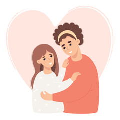 Two enamored lesbian girl hugging. Joyful romantic lgbt couple against backdrop of big heart. vector flat illustration. Happy homosexual women smiling.