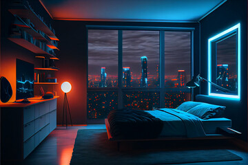 Modern bedroom interior with neon lights glowing ambient in the evening window city view. Bed, carpet, smart tv. Luxurious stylish apartment interior. Smart home concept with neon light colours.